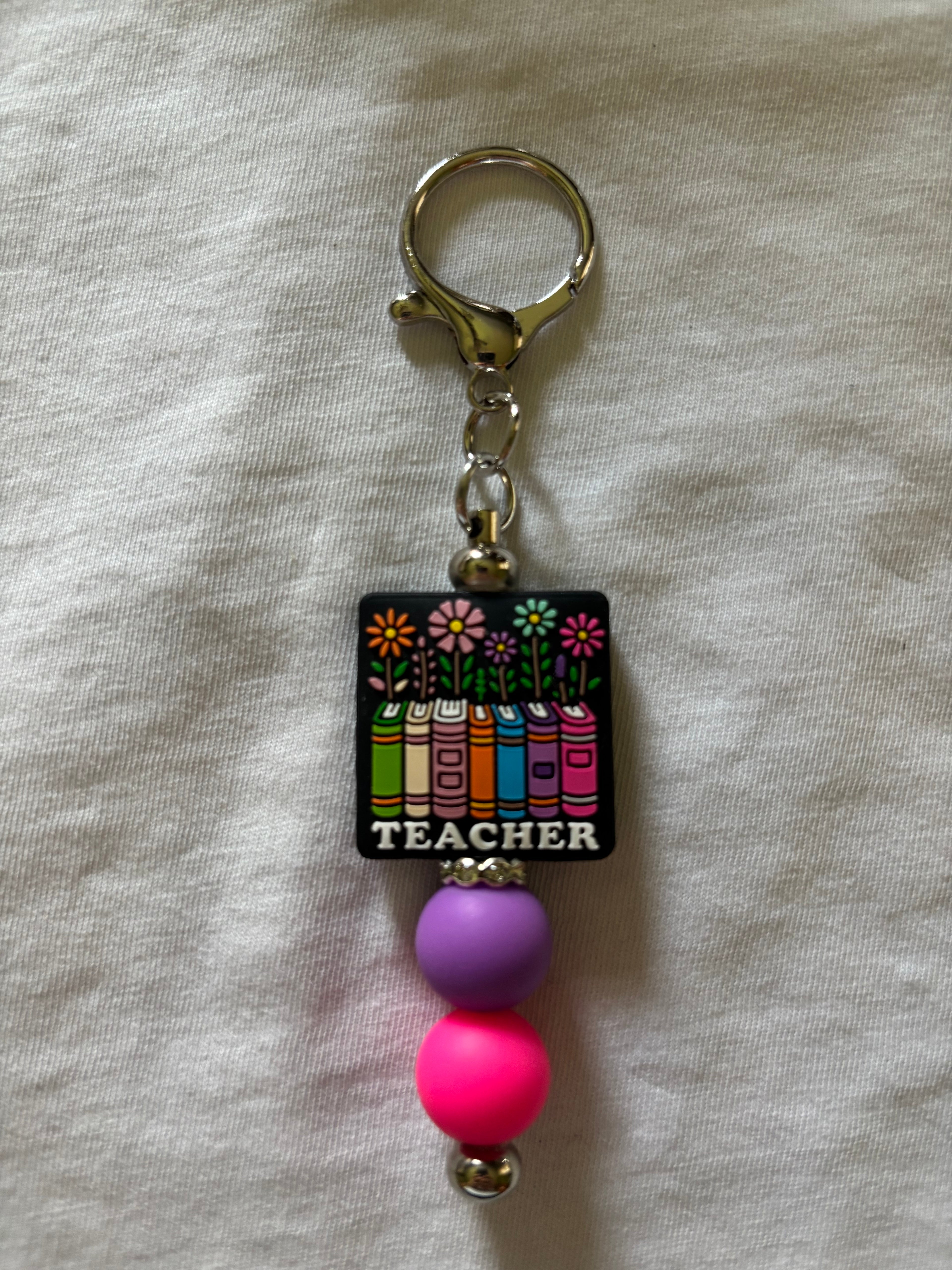 Teacher with Books and Flowers Keychain